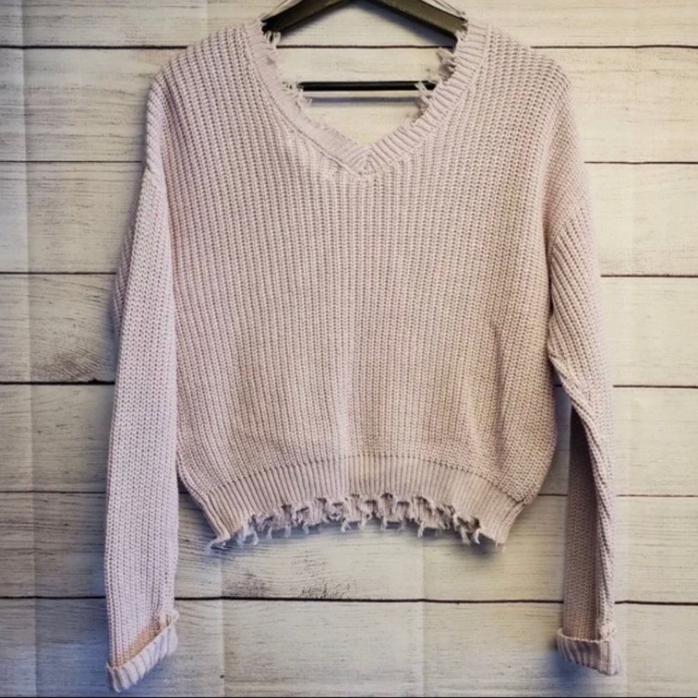 Jessica Simpson Distressed Cropped V-Neck Pullover Sweater